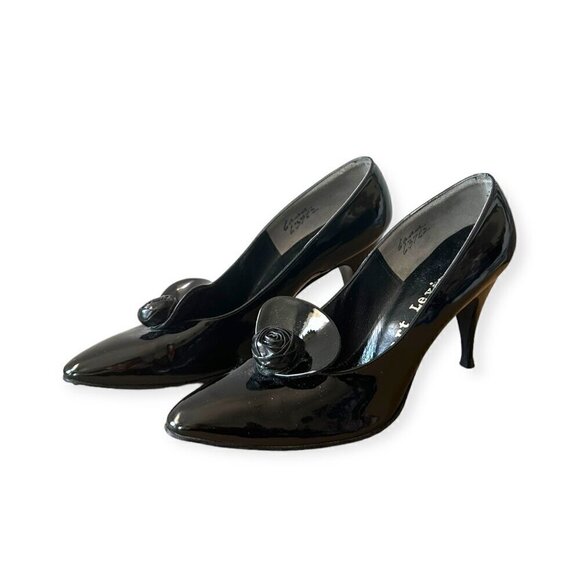 Vintage Herbert Levine Black Patent Stiletto Pumps with Rosette, Size 6AAA - Picture 5 of 16